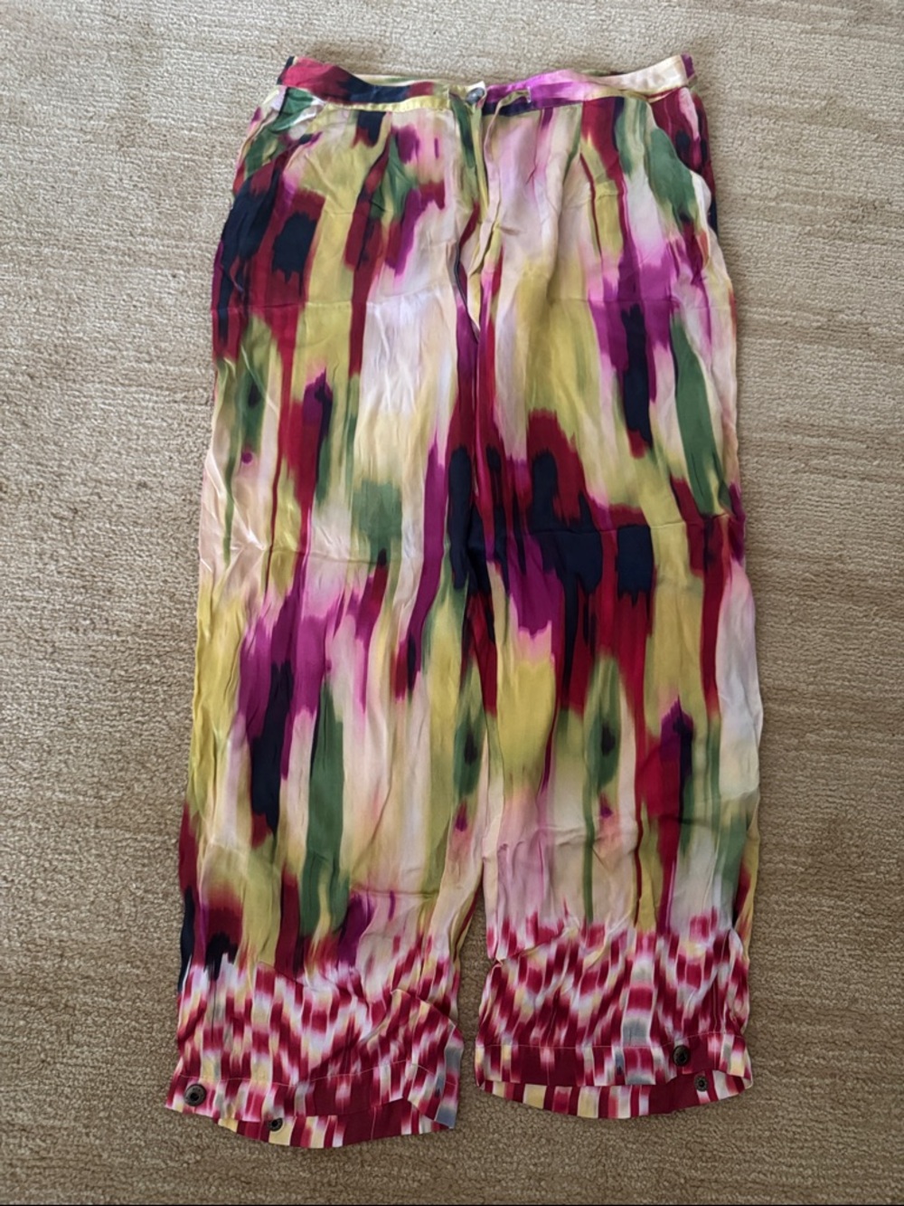 CAbi Multicolor Watercolor-Stripe Blouse in Green, Pink & Red 100% Silk